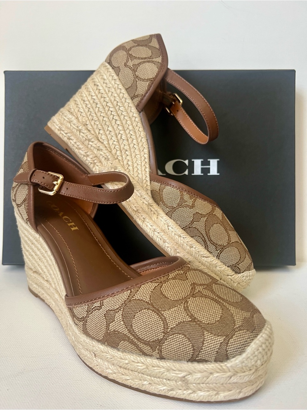 NWT Coach Tan Signature Canvas Espadrille Wedge Sandals